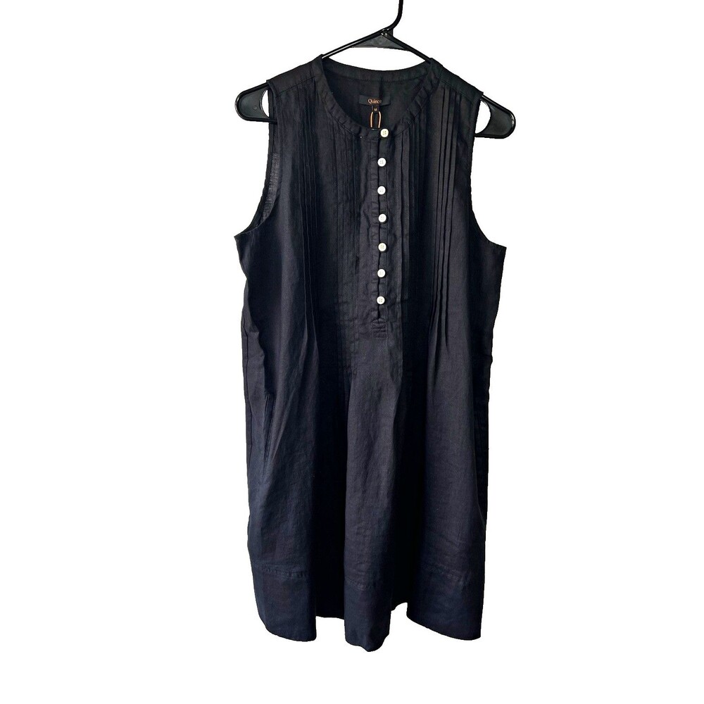 Quince Black Linen Sleeveless Swing Dress M Button Front Pleated Pockets NWT